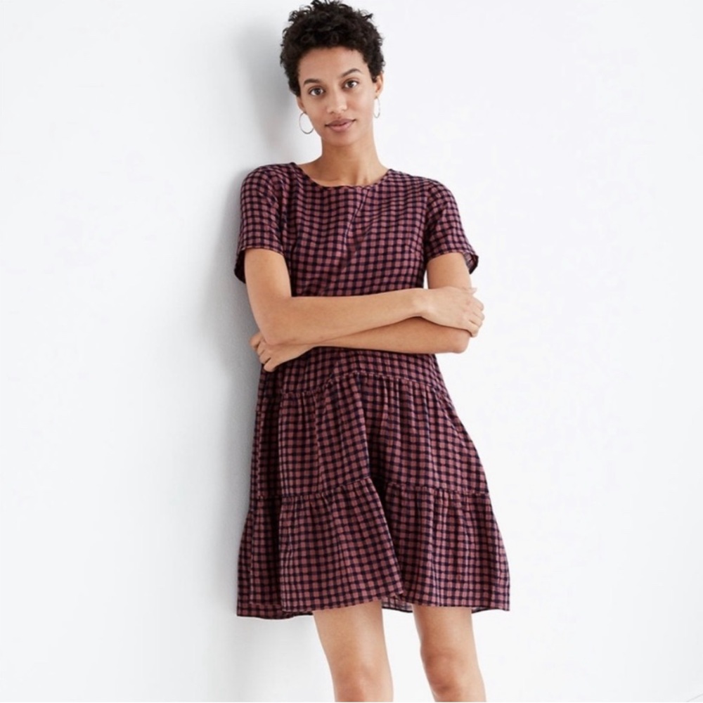 Madewell Short Sleeve Mini Tiered Dress in Gingham Check